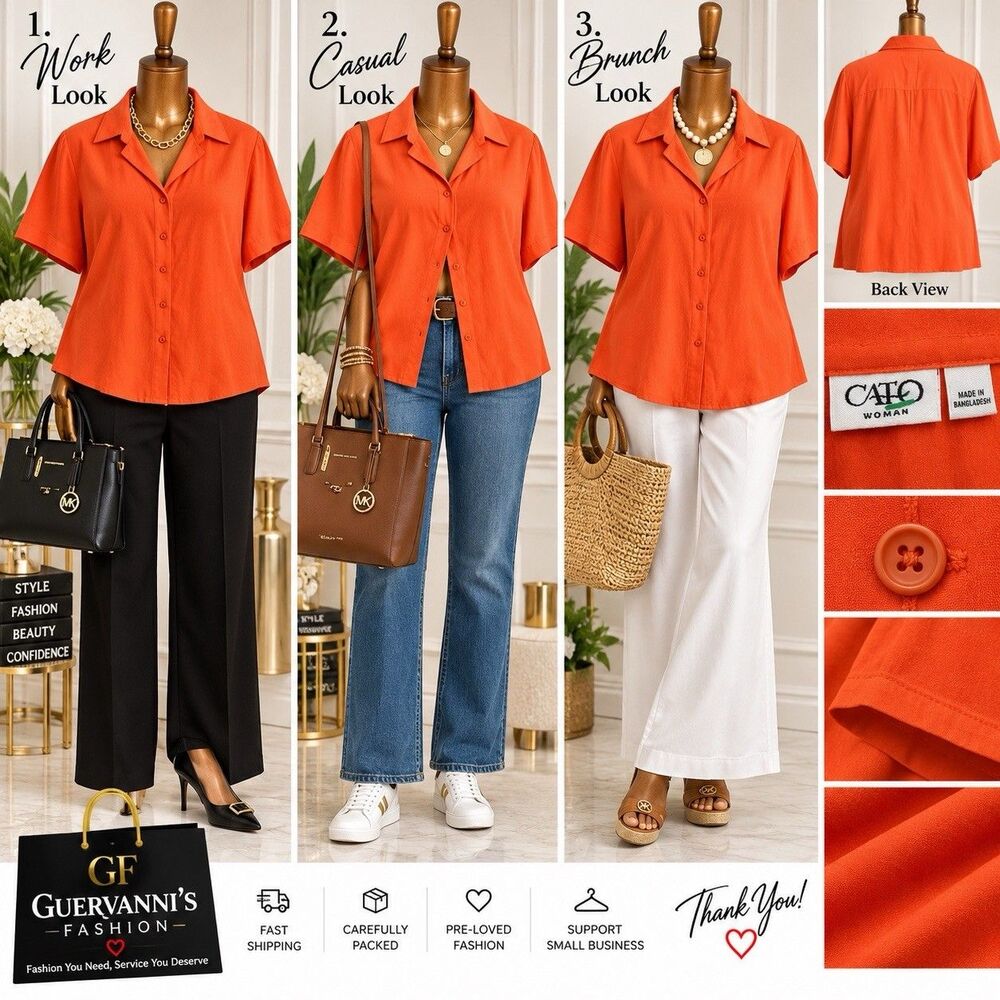 Cato Woman Blouse 18/20W Rust Orange Button Front Top 3/4 Sleeve Plus size Caree